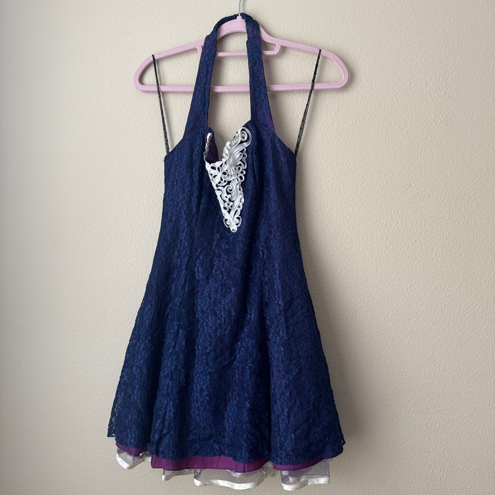 STEPPIN' OUT WOMENS BLUE PURPLE VINTAGE MINI HALTER LINED DRESS SIZE 9 COCKTAIL